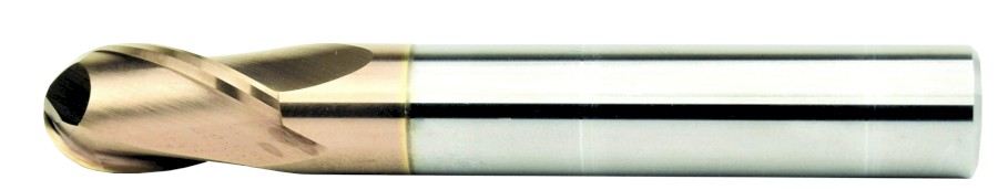 Karbidová monolitní fréza na kalené oceli. 2 břitá, drážka 30°, dlouhá, plný rádius a zuby do středu,  stopka h6, DIN6527, TiSiN,  HRC2R